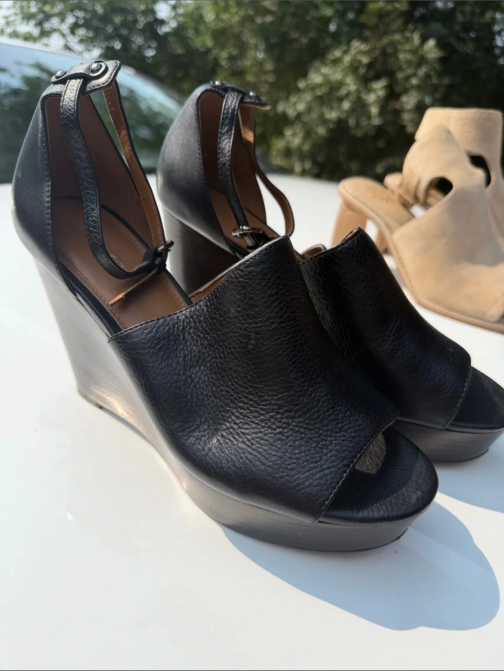 Coach ~ Jade Tumbled Black Leather Wood Wedge Sandals New Ankle Strap Sz 8.5